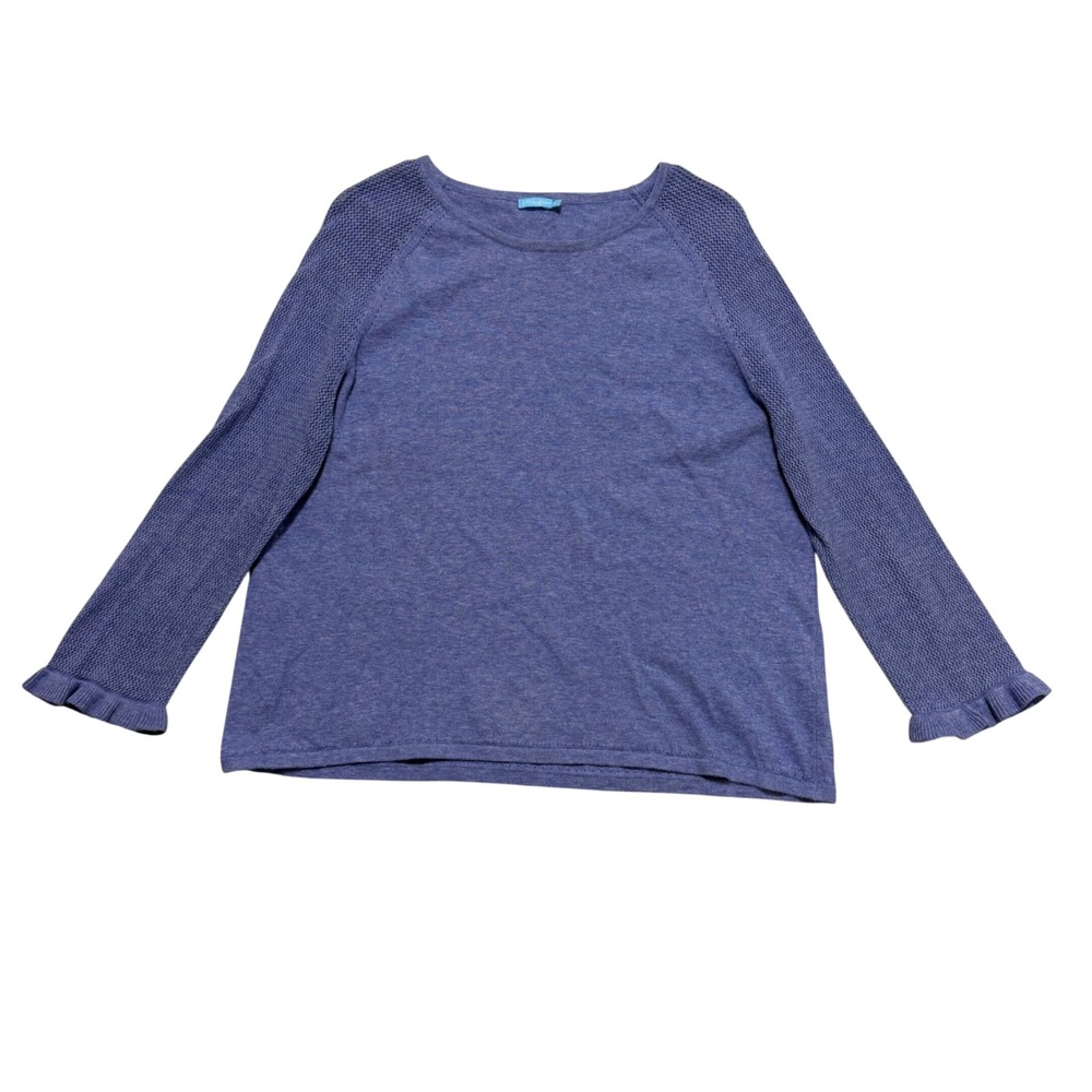 J.McLaughlin Sweater Women Large Blue Cotton Crochet Raglan Ruffle Sleeve Knit